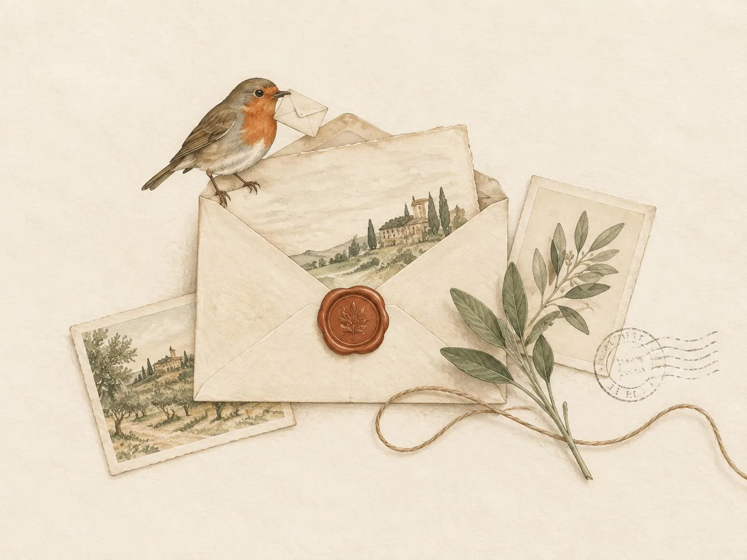 Watercolour illustration of an open cream envelope with a letter sheet, a robin holding a small note, a rust wax seal, twine, a sprig of sage and loose illustrated cards.