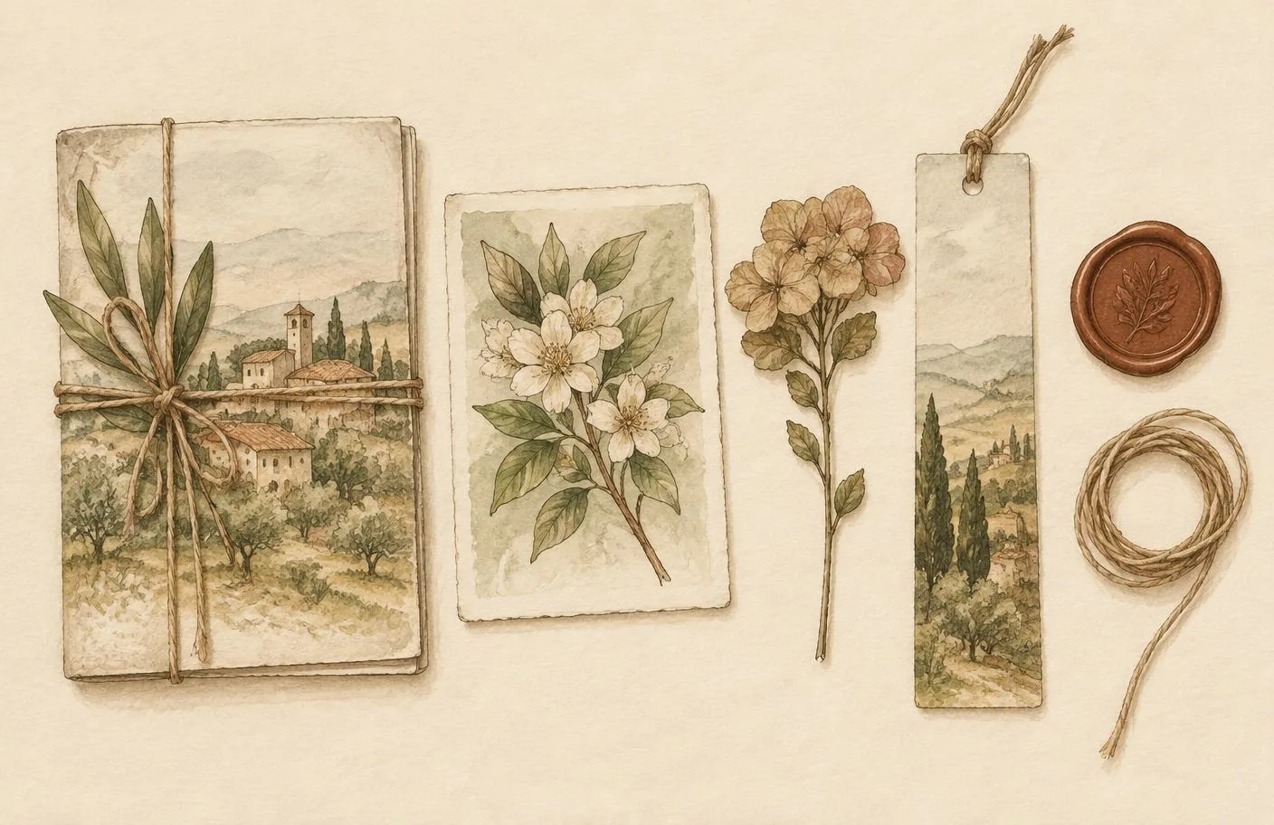 Illustration of letter sheets, illustrated cards, a wax seal, twine and small keepsakes laid out on a cream desk.