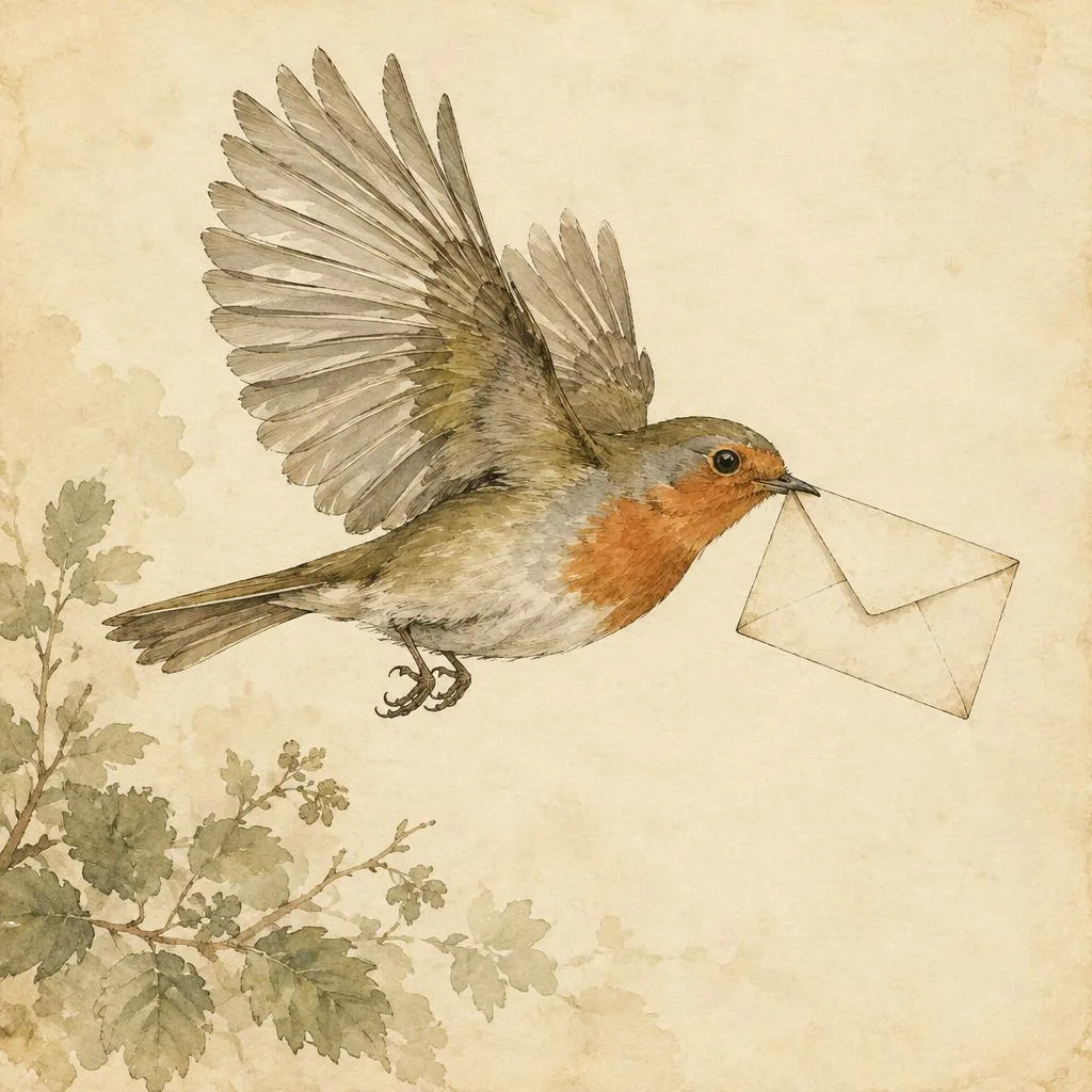 Illustration of a robin carrying a small cream envelope in its beak, drawn in ink and watercolour.